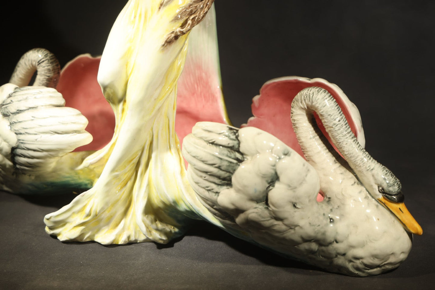 Antique Art Nouveau Eichwald Majolica Figural Planter with Woman in Yellow Dress Flanked by Two Swans, Model 7460, Note Damaged Finger