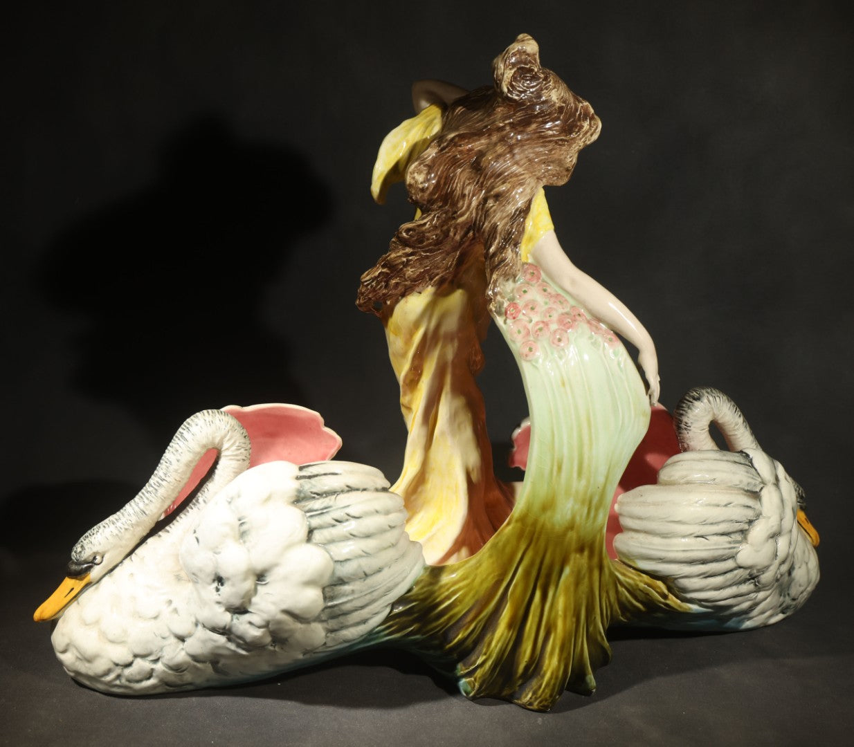Antique Art Nouveau Eichwald Majolica Figural Planter with Woman in Yellow Dress Flanked by Two Swans, Model 7460, Note Damaged Finger
