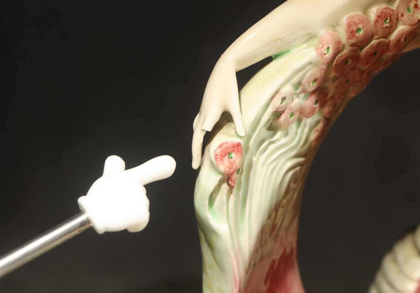 Antique Art Nouveau Eichwald Majolica Figural Planter with Woman in Yellow Dress Flanked by Two Swans, Model 7460, Note Damaged Finger