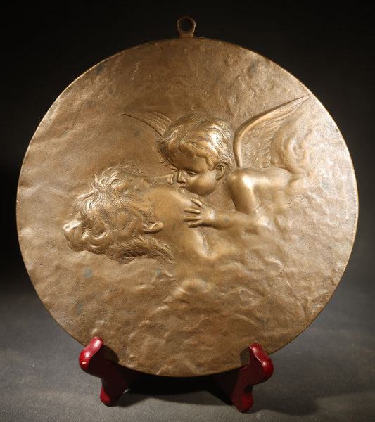Antique Bronze Relief Plaque of Cupid Kissing Psyche with Hanging Loop, Manufactured by Glauber, Cleveland, Ohio