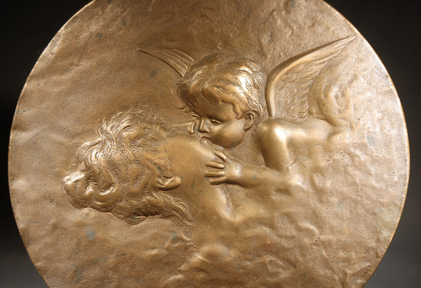 Antique Bronze Relief Plaque of Cupid Kissing Psyche with Hanging Loop, Manufactured by Glauber, Cleveland, Ohio
