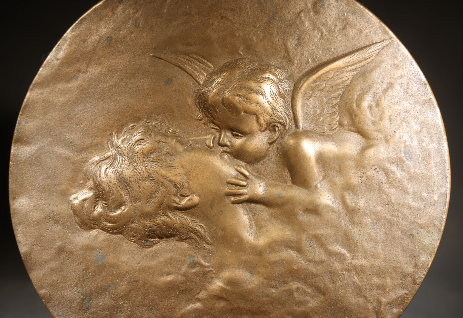 Antique Bronze Relief Plaque of Cupid Kissing Psyche with Hanging Loop, Manufactured by Glauber, Cleveland, Ohio