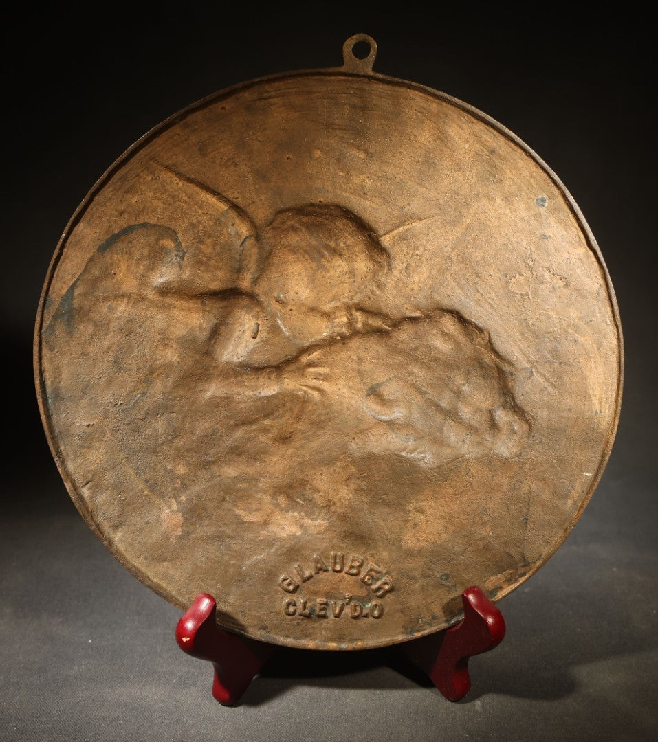Antique Bronze Relief Plaque of Cupid Kissing Psyche with Hanging Loop, Manufactured by Glauber, Cleveland, Ohio