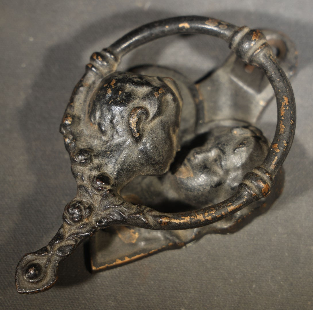 Antique Cast Iron Figural Door Knocker with Two Kissing Children and Heart-Shaped Back Plate