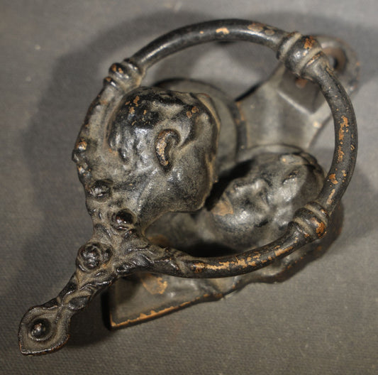 Antique Cast Iron Figural Door Knocker with Two Kissing Children and Heart-Shaped Back Plate