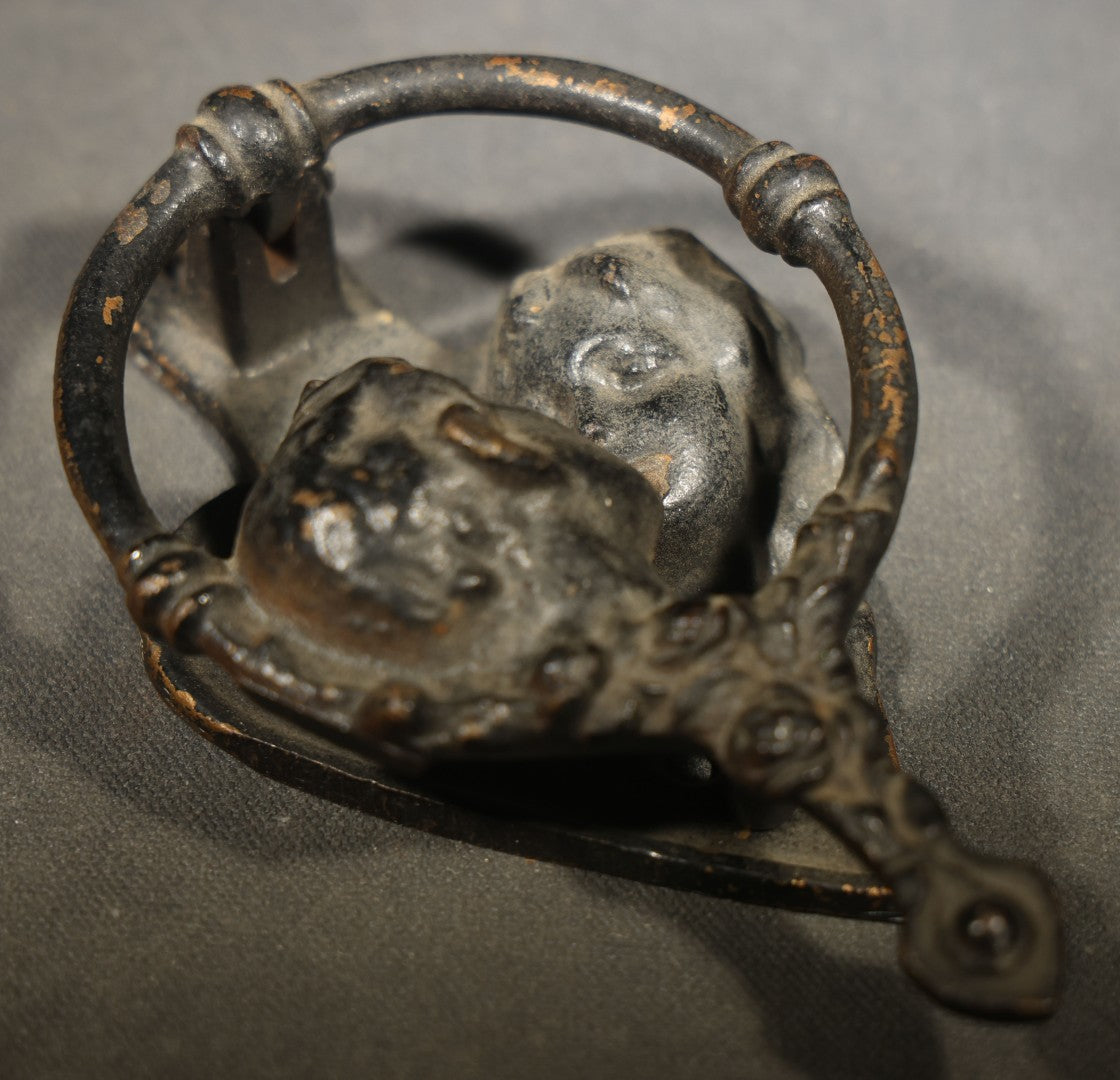 Antique Cast Iron Figural Door Knocker with Two Kissing Children and Heart-Shaped Back Plate