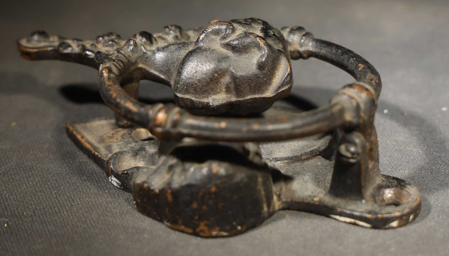 Antique Cast Iron Figural Door Knocker with Two Kissing Children and Heart-Shaped Back Plate