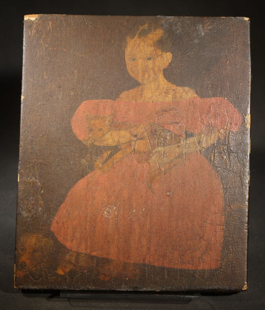 Vintage Decoupage Lithograph on Wood Panel, Folk Art Portrait of a Young Girl in Pink Dress Holding a Cat with Dog at Feet