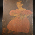 Lot 156 - Vintage Decoupage Lithograph on Wood Panel, Folk Art Portrait of a Young Girl in Pink Dress Holding a Cat with Dog at Feet, 6-5/8" L x 7-7/8" H