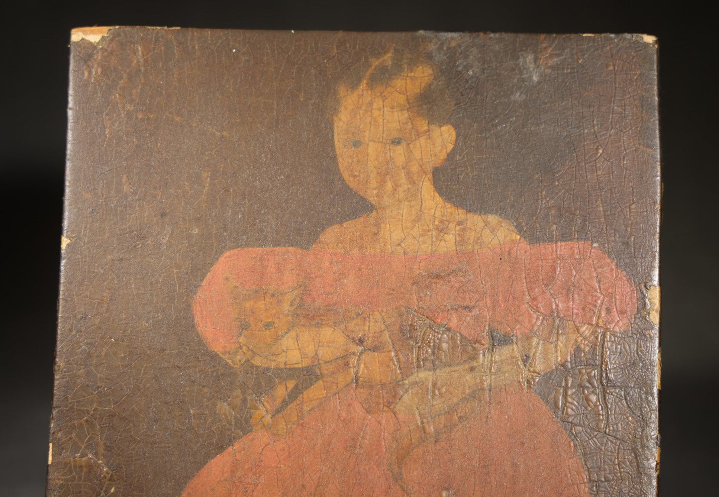 Vintage Decoupage Lithograph on Wood Panel, Folk Art Portrait of a Young Girl in Pink Dress Holding a Cat with Dog at Feet