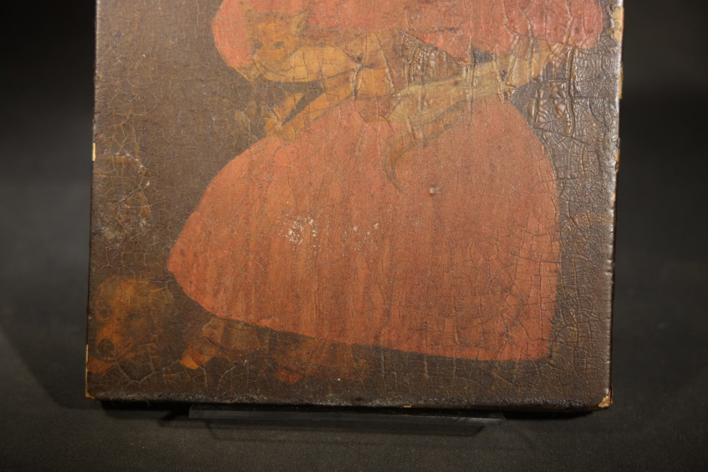 Vintage Decoupage Lithograph on Wood Panel, Folk Art Portrait of a Young Girl in Pink Dress Holding a Cat with Dog at Feet