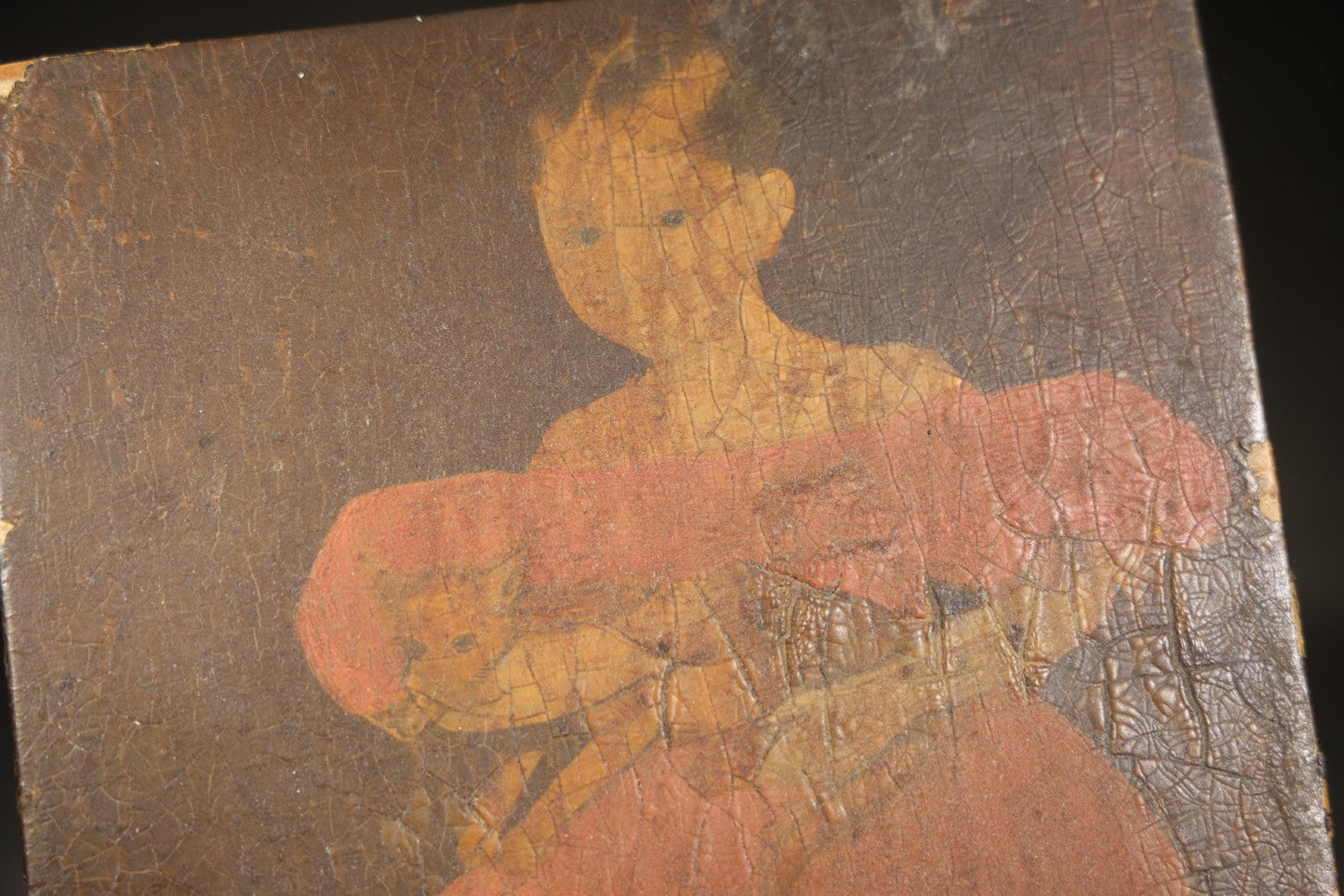 Vintage Decoupage Lithograph on Wood Panel, Folk Art Portrait of a Young Girl in Pink Dress Holding a Cat with Dog at Feet