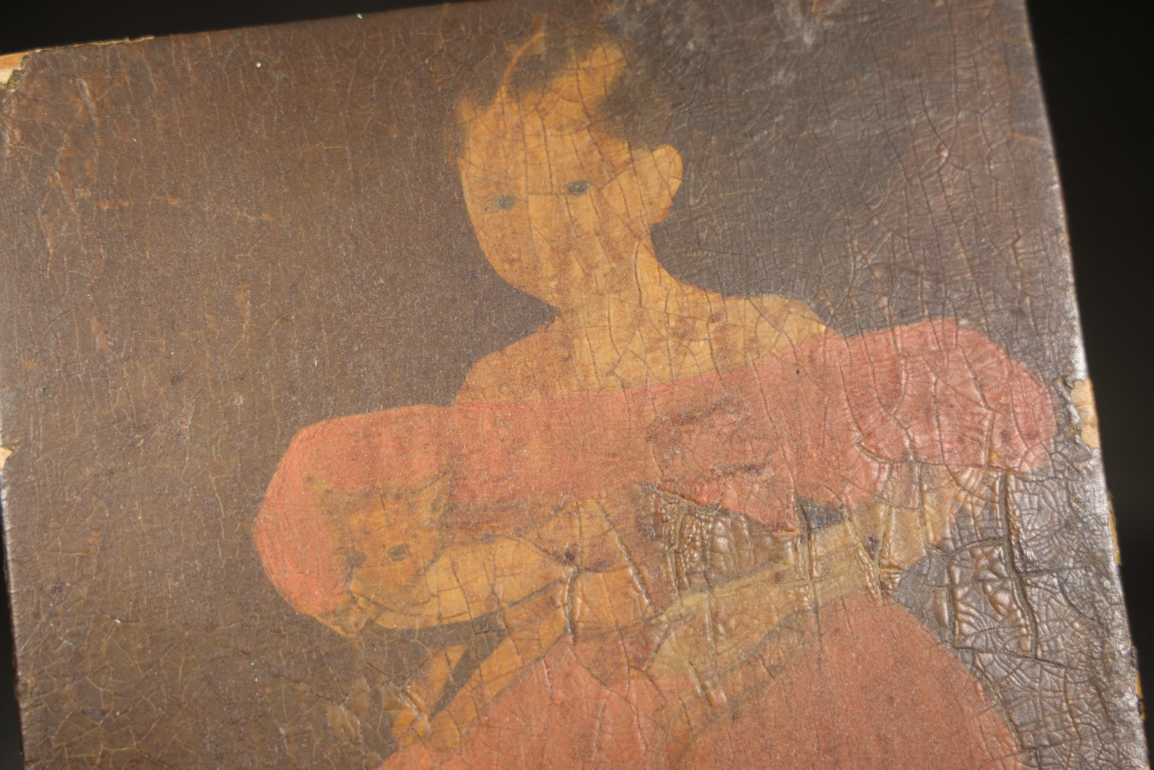 Vintage Decoupage Lithograph on Wood Panel, Folk Art Portrait of a Young Girl in Pink Dress Holding a Cat with Dog at Feet