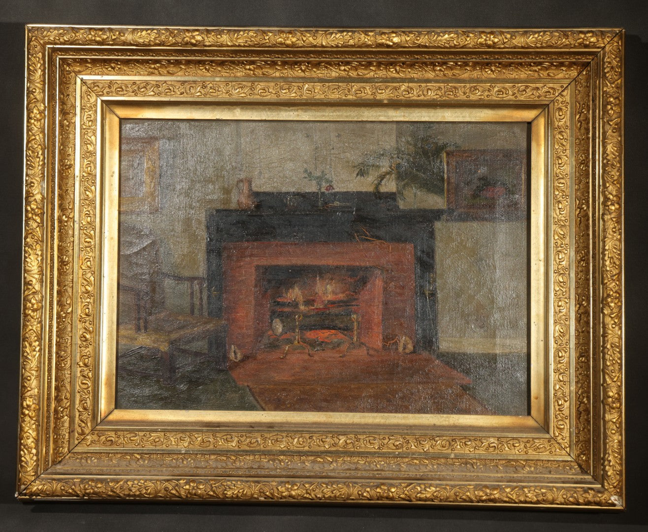 Antique Oil Painting on Canvas, Parlor Interior with Brick Fireplace, in Gilt Frame