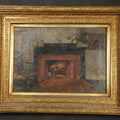 Lot 013 - Antique Oil Painting on Canvas, Parlor Interior with Brick Fireplace, in Gilt Frame, 19-5/8" W x 15-5/8" H