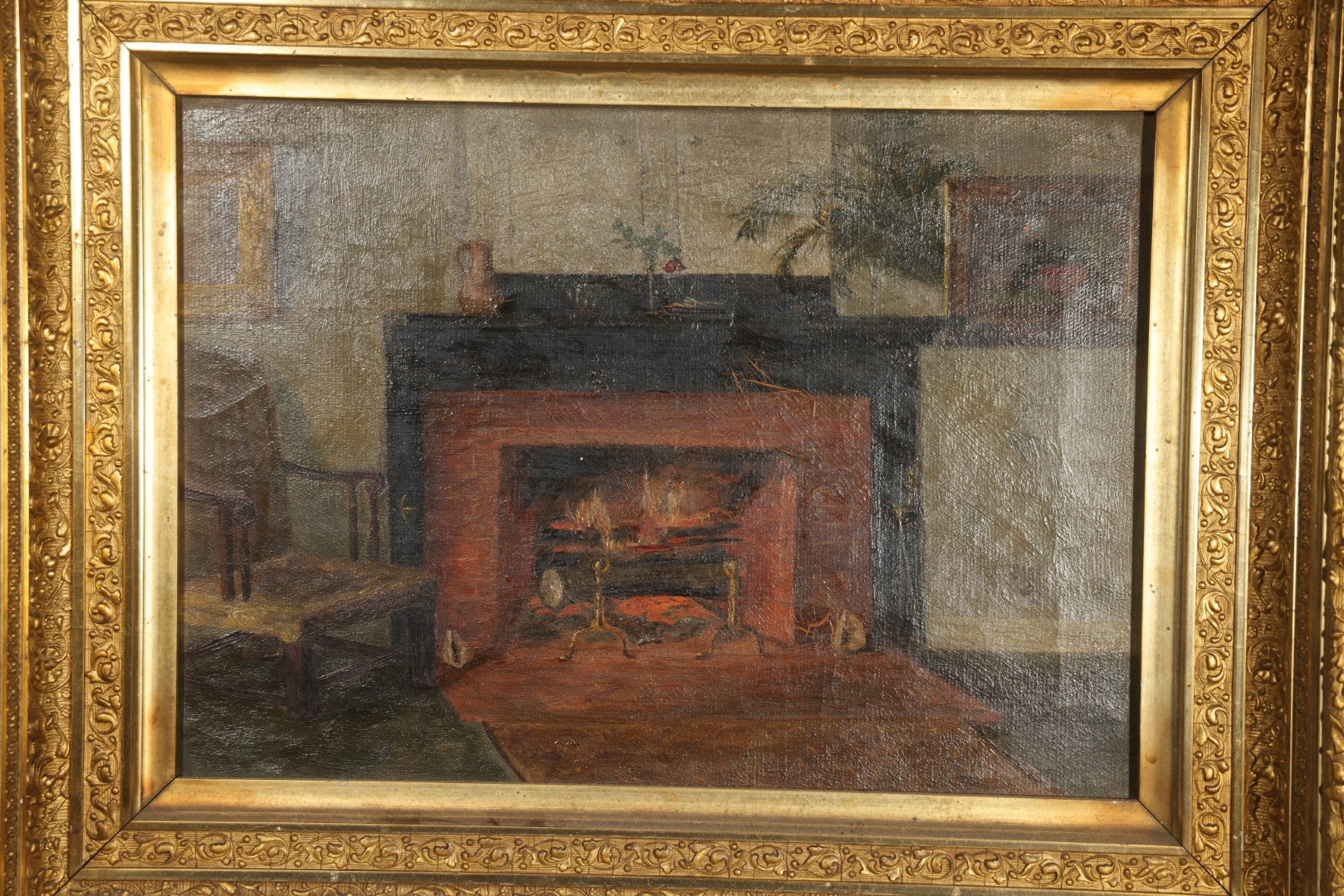 Antique Oil Painting on Canvas, Parlor Interior with Brick Fireplace, in Gilt Frame