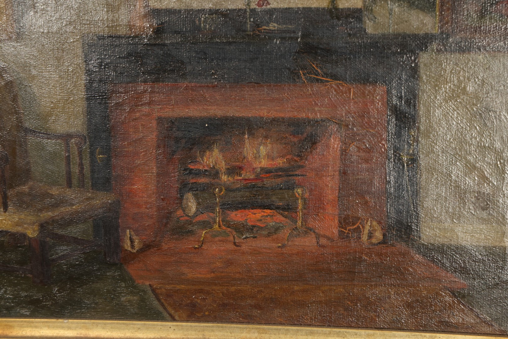 Antique Oil Painting on Canvas, Parlor Interior with Brick Fireplace, in Gilt Frame