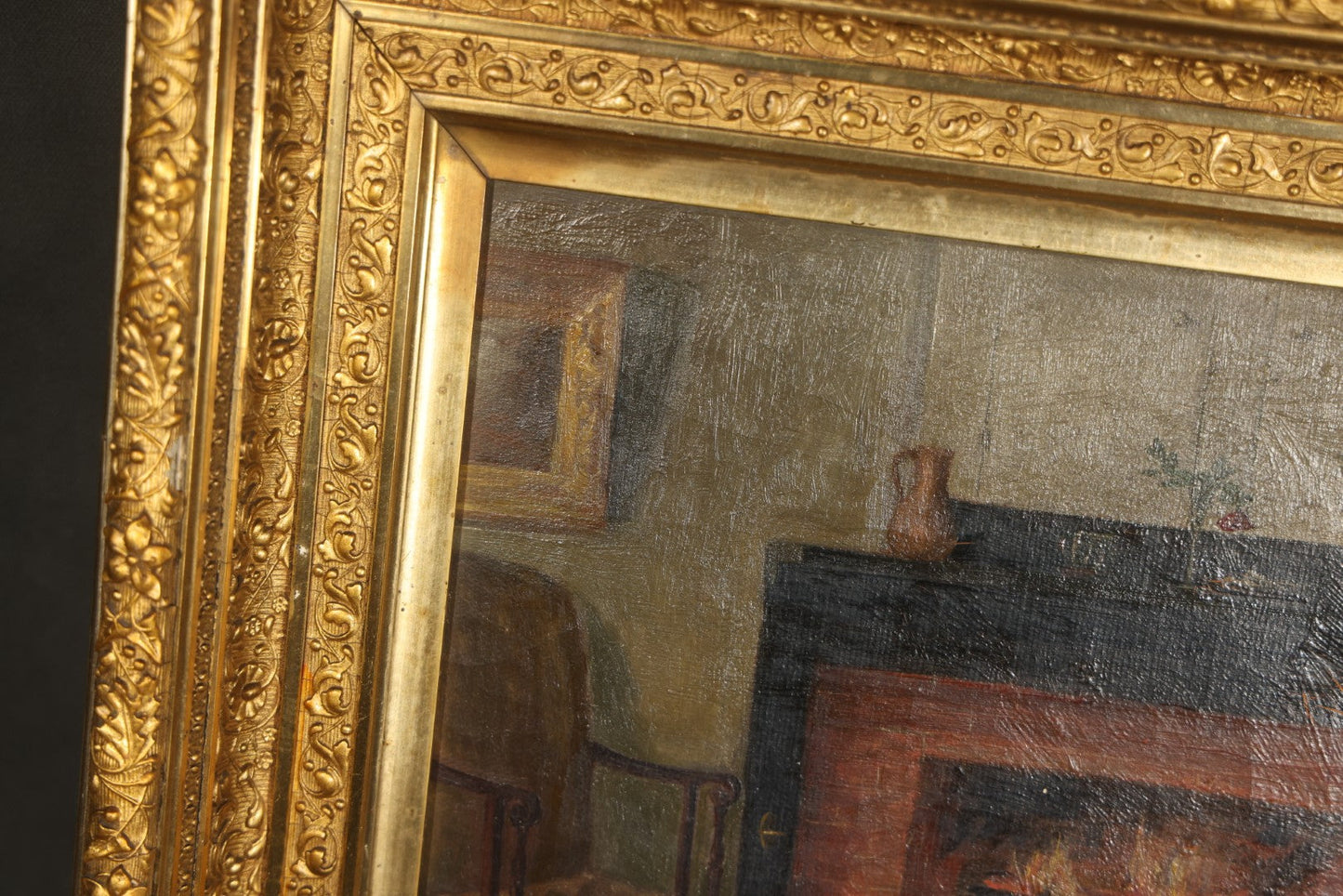 Antique Oil Painting on Canvas, Parlor Interior with Brick Fireplace, in Gilt Frame