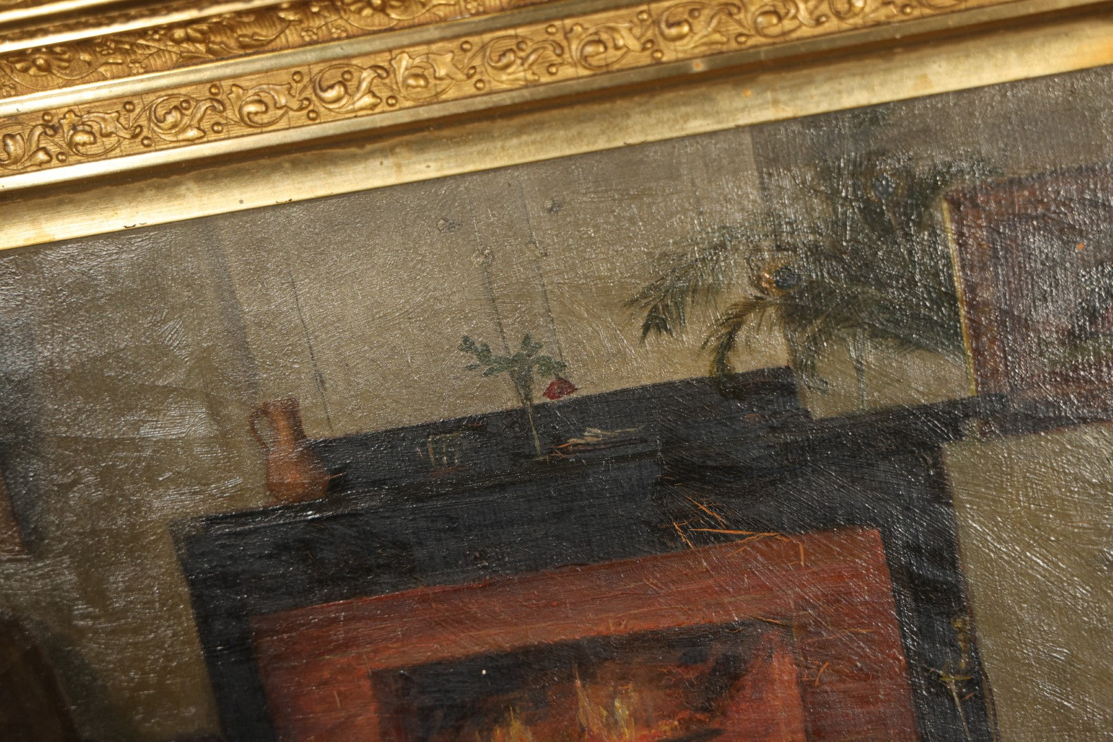 Antique Oil Painting on Canvas, Parlor Interior with Brick Fireplace, in Gilt Frame