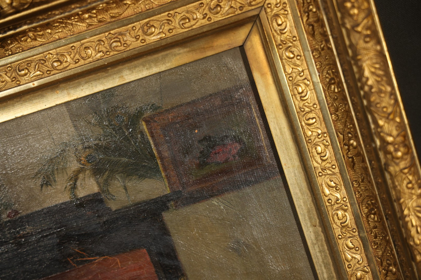 Antique Oil Painting on Canvas, Parlor Interior with Brick Fireplace, in Gilt Frame
