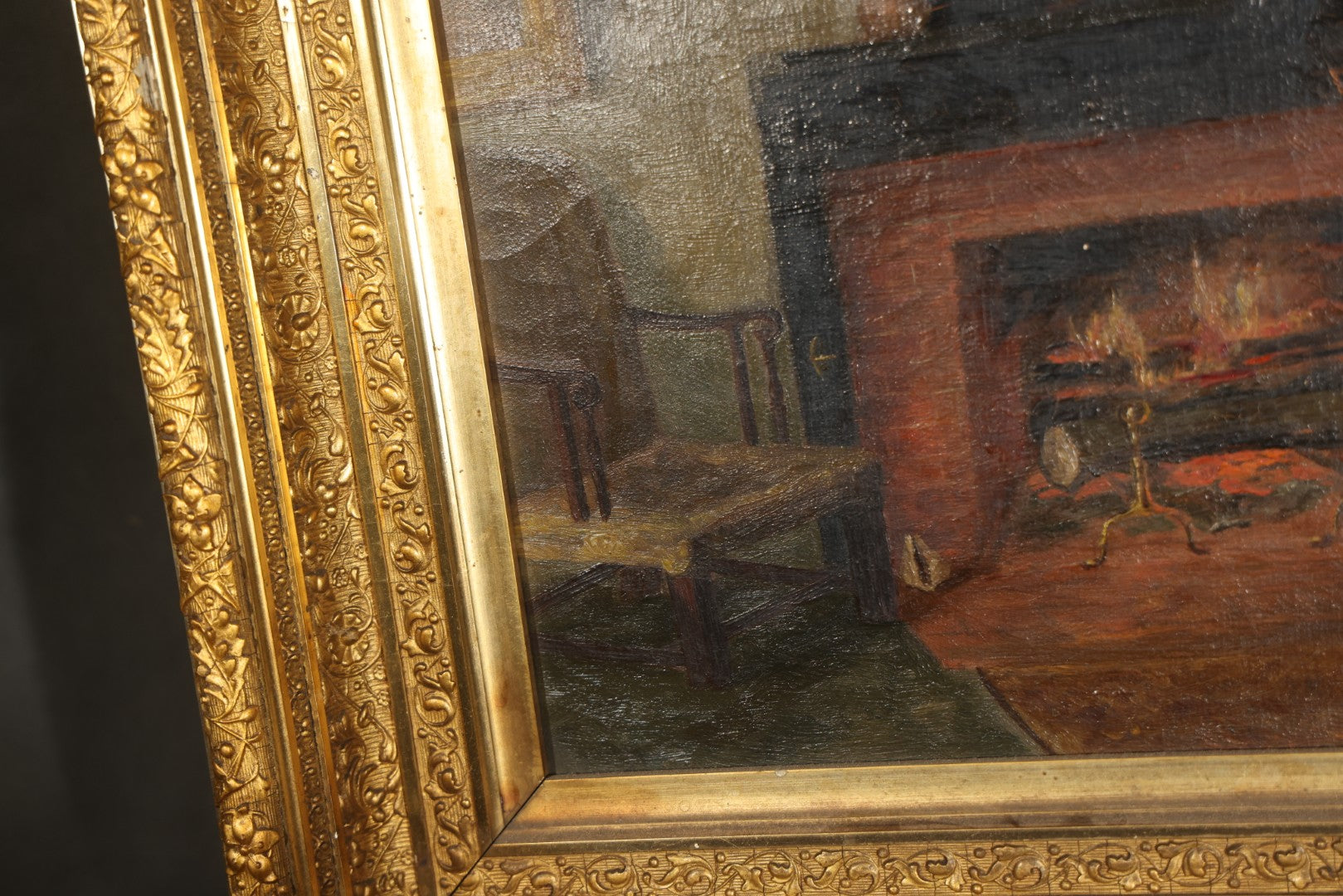 Antique Oil Painting on Canvas, Parlor Interior with Brick Fireplace, in Gilt Frame