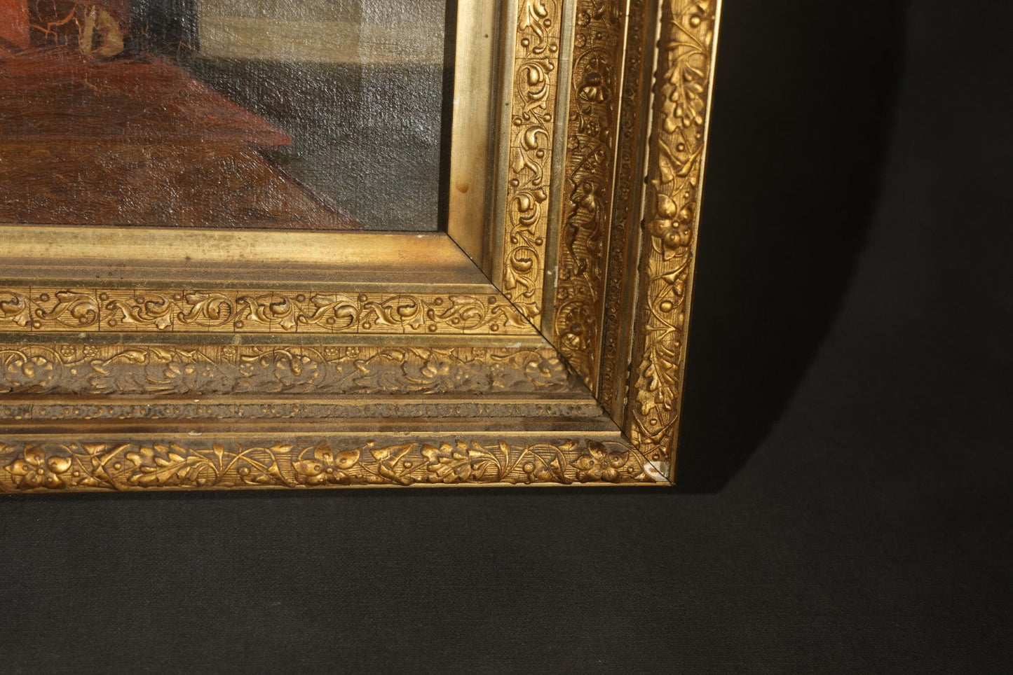 Antique Oil Painting on Canvas, Parlor Interior with Brick Fireplace, in Gilt Frame
