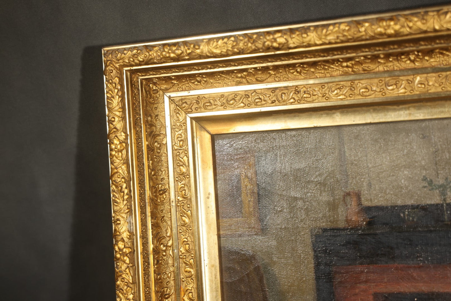 Antique Oil Painting on Canvas, Parlor Interior with Brick Fireplace, in Gilt Frame