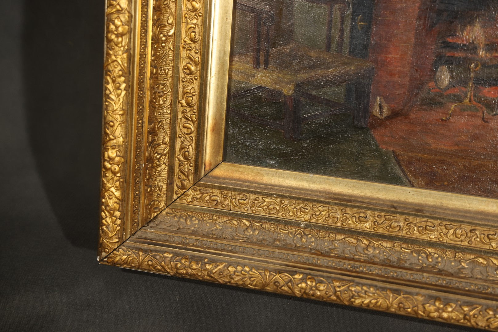 Antique Oil Painting on Canvas, Parlor Interior with Brick Fireplace, in Gilt Frame