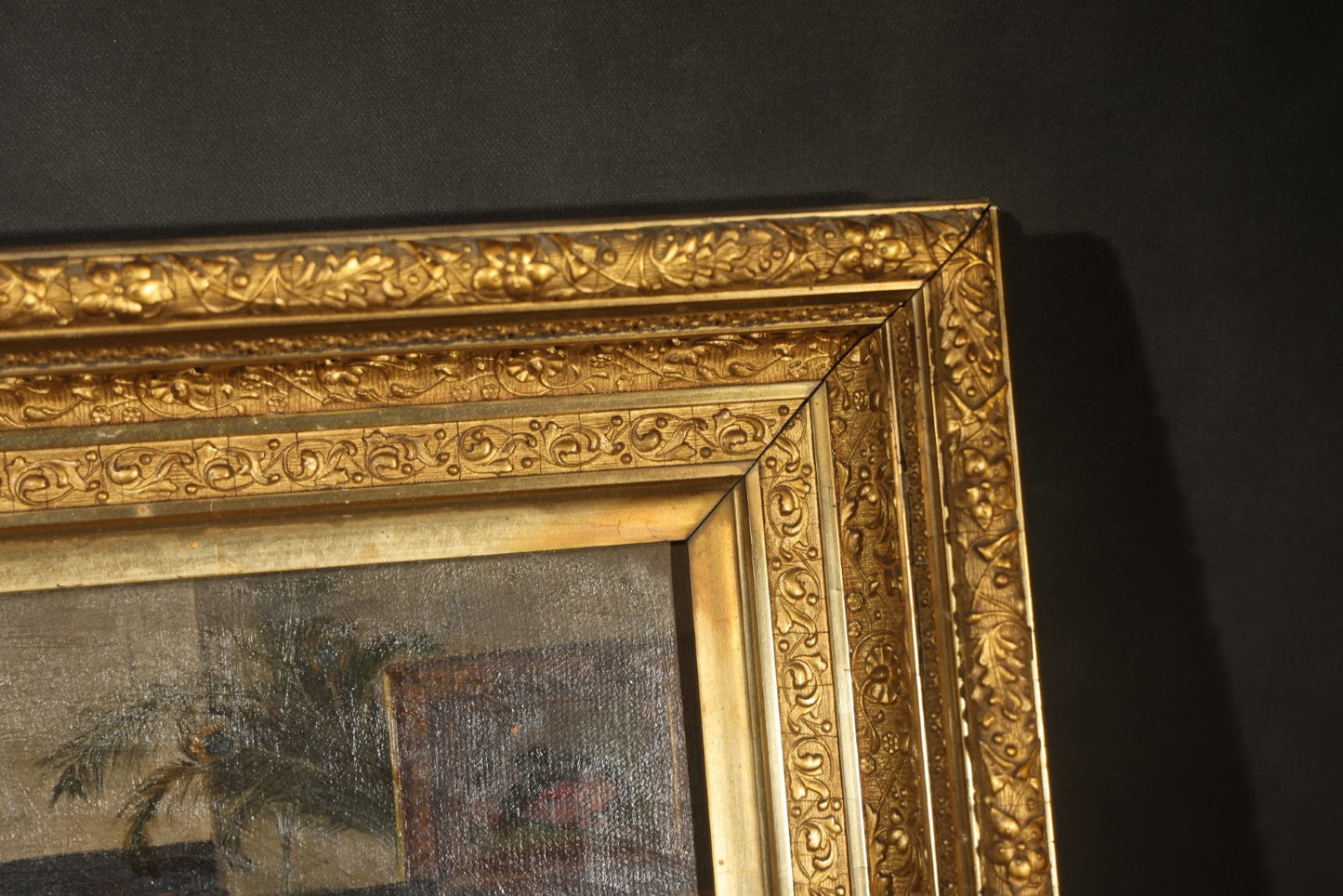Antique Oil Painting on Canvas, Parlor Interior with Brick Fireplace, in Gilt Frame