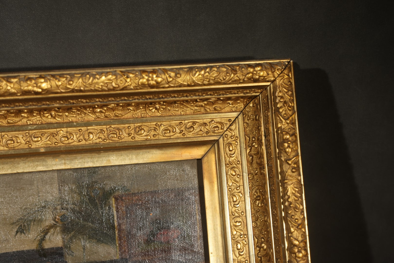 Antique Oil Painting on Canvas, Parlor Interior with Brick Fireplace, in Gilt Frame