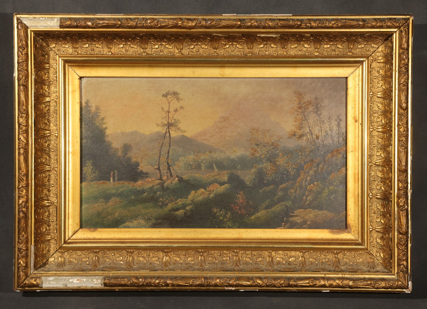 Antique Oil Painting on Board, Mountain Landscape with Figures, in Gilt Frame