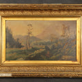 Lot 014 - Antique Oil Painting on Board, Mountain Landscape with Figures, in Gilt Frame, 11-5/8" W x 9-5/8" H