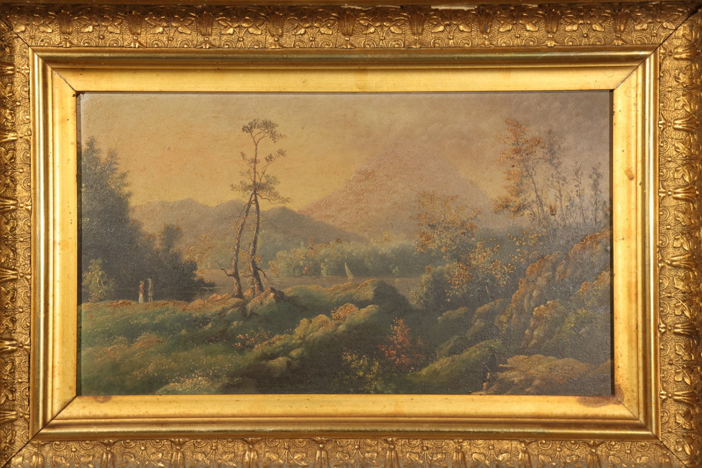 Antique Oil Painting on Board, Mountain Landscape with Figures, in Gilt Frame