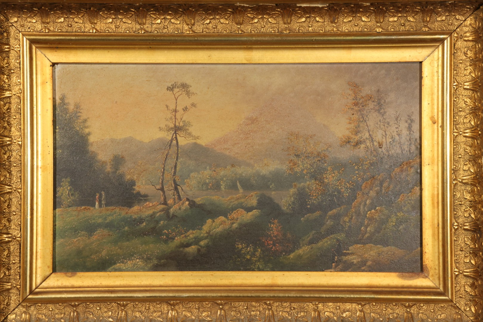 Antique Oil Painting on Board, Mountain Landscape with Figures, in Gilt Frame