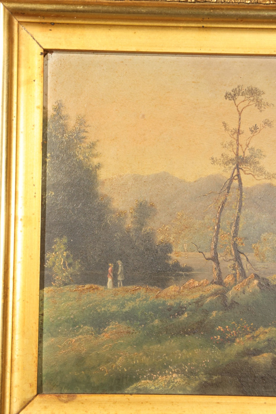 Antique Oil Painting on Board, Mountain Landscape with Figures, in Gilt Frame