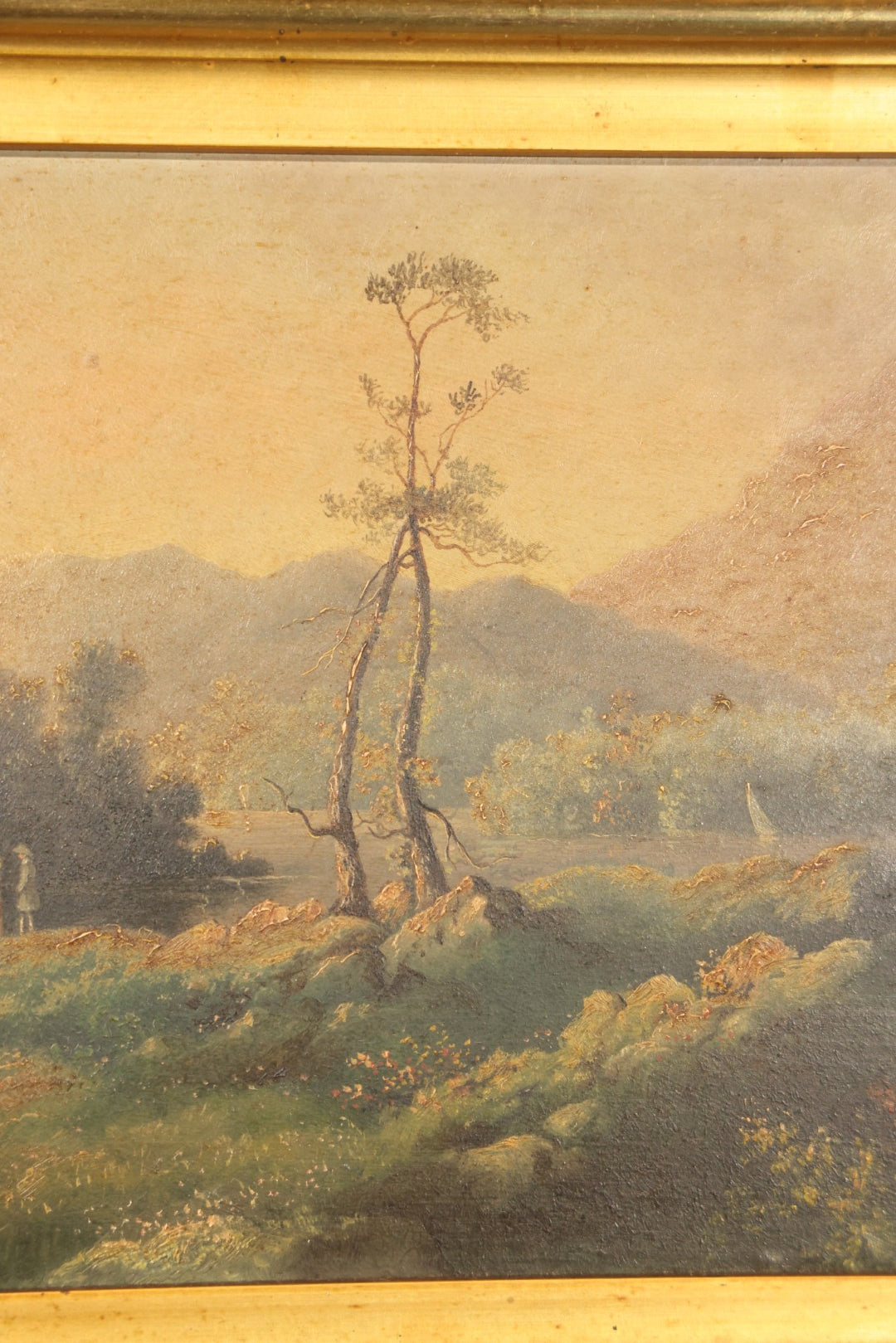 Antique Oil Painting on Board, Mountain Landscape with Figures, in Gilt Frame