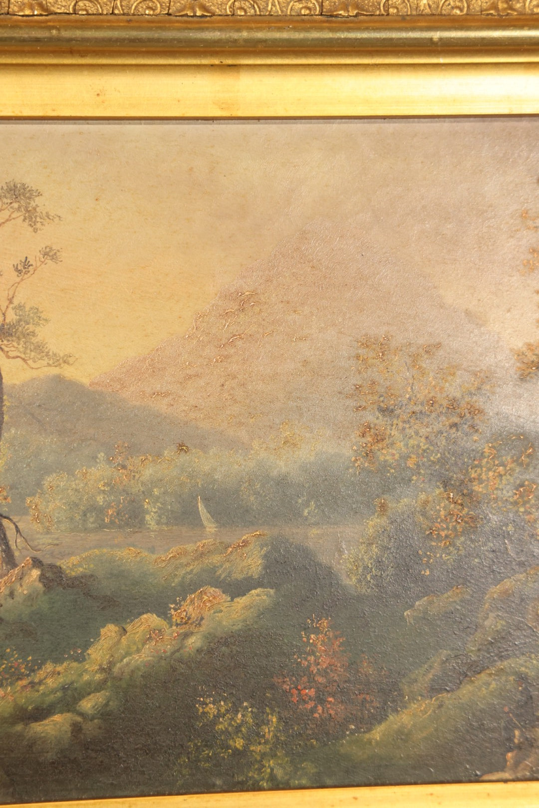 Antique Oil Painting on Board, Mountain Landscape with Figures, in Gilt Frame