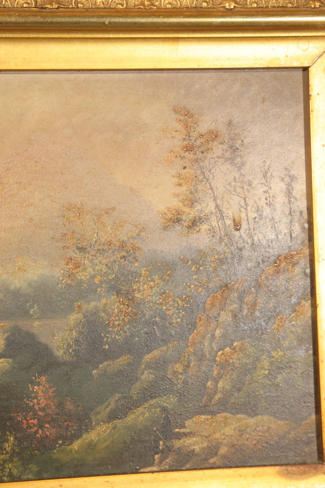 Antique Oil Painting on Board, Mountain Landscape with Figures, in Gilt Frame
