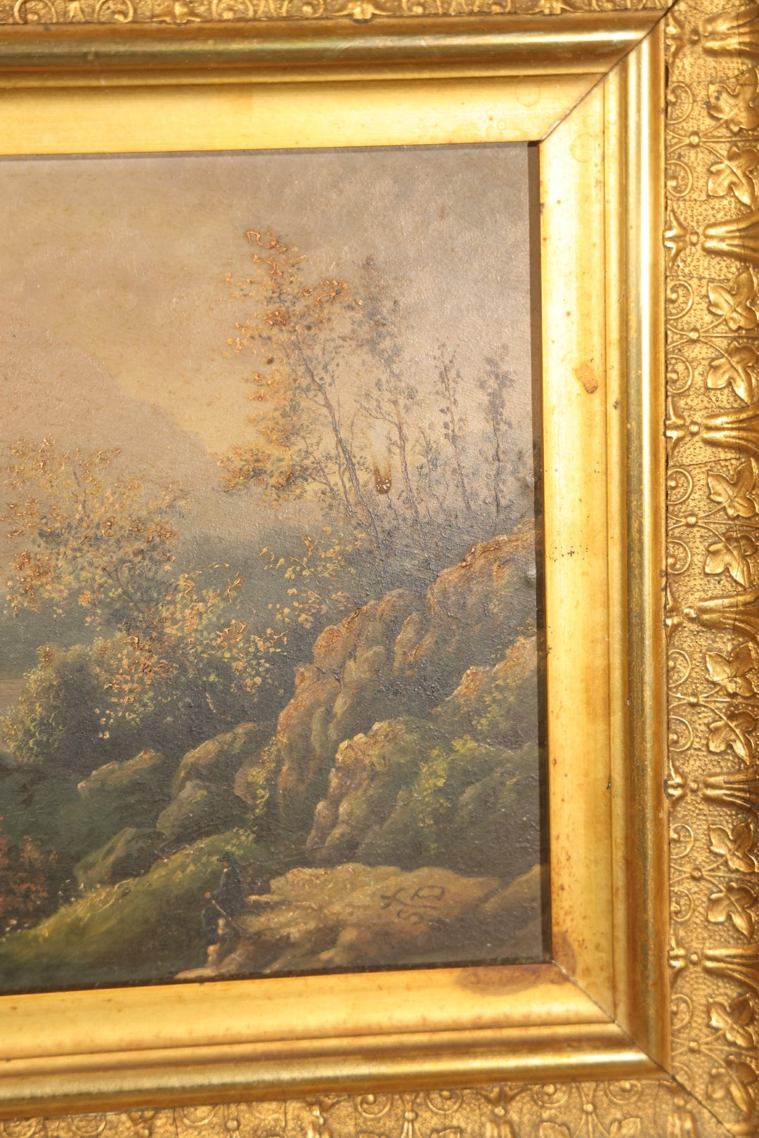 Antique Oil Painting on Board, Mountain Landscape with Figures, in Gilt Frame