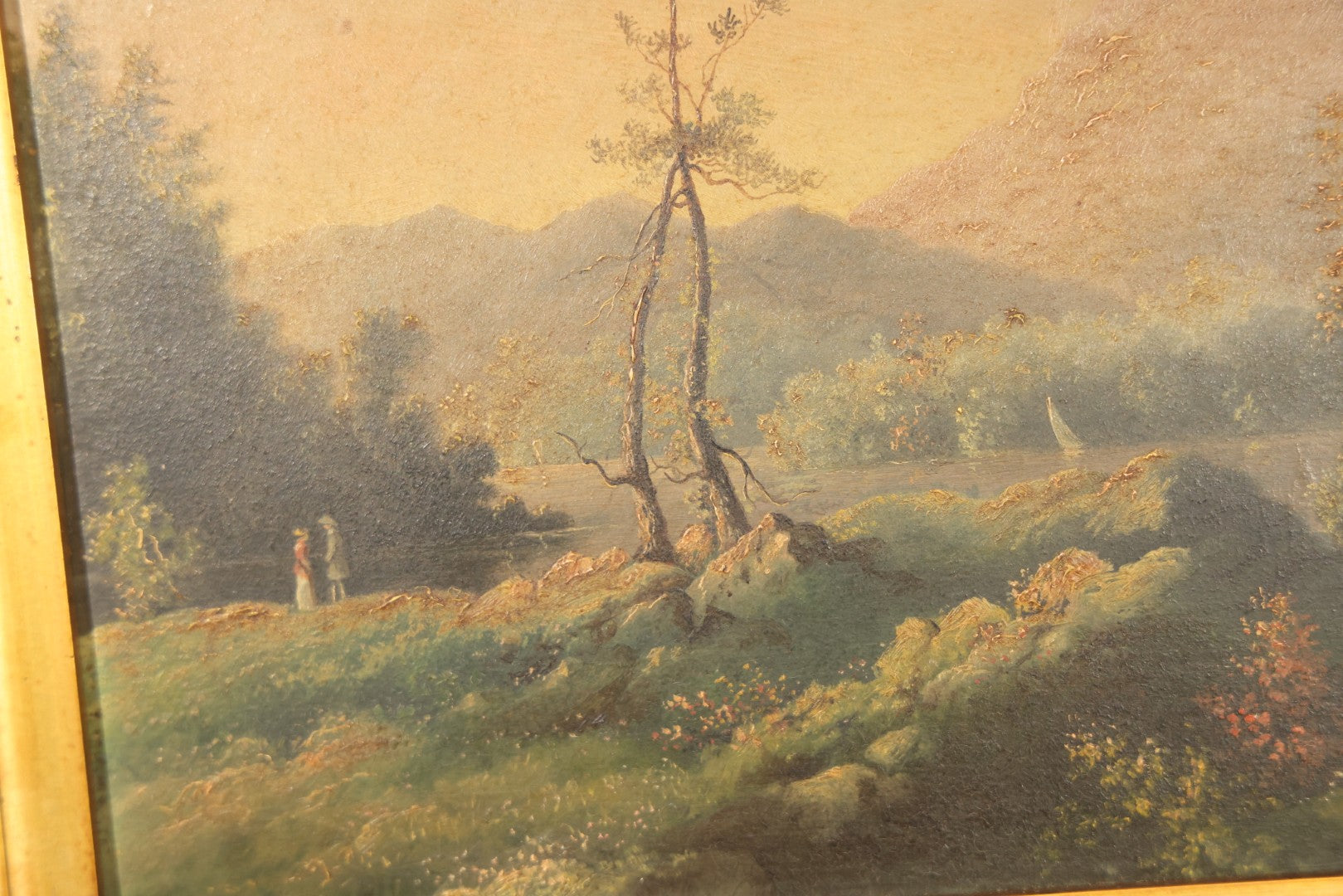 Antique Oil Painting on Board, Mountain Landscape with Figures, in Gilt Frame