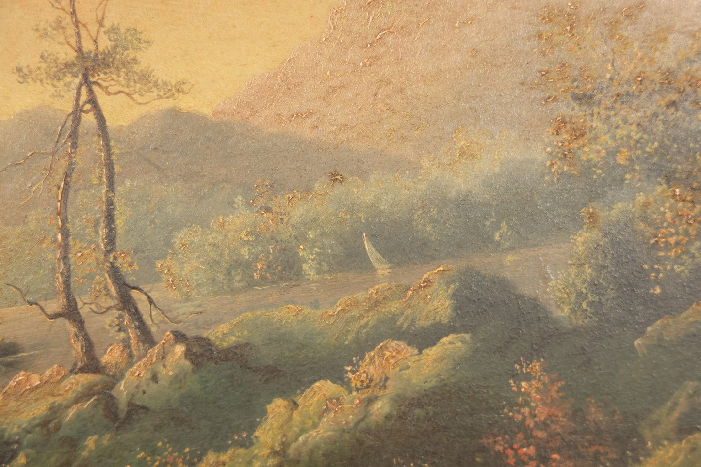 Antique Oil Painting on Board, Mountain Landscape with Figures, in Gilt Frame