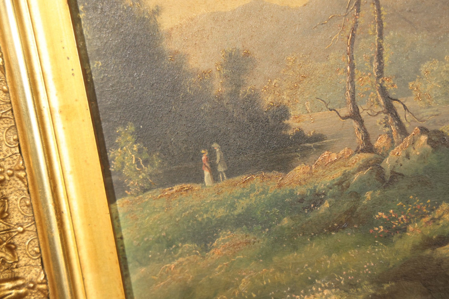 Antique Oil Painting on Board, Mountain Landscape with Figures, in Gilt Frame