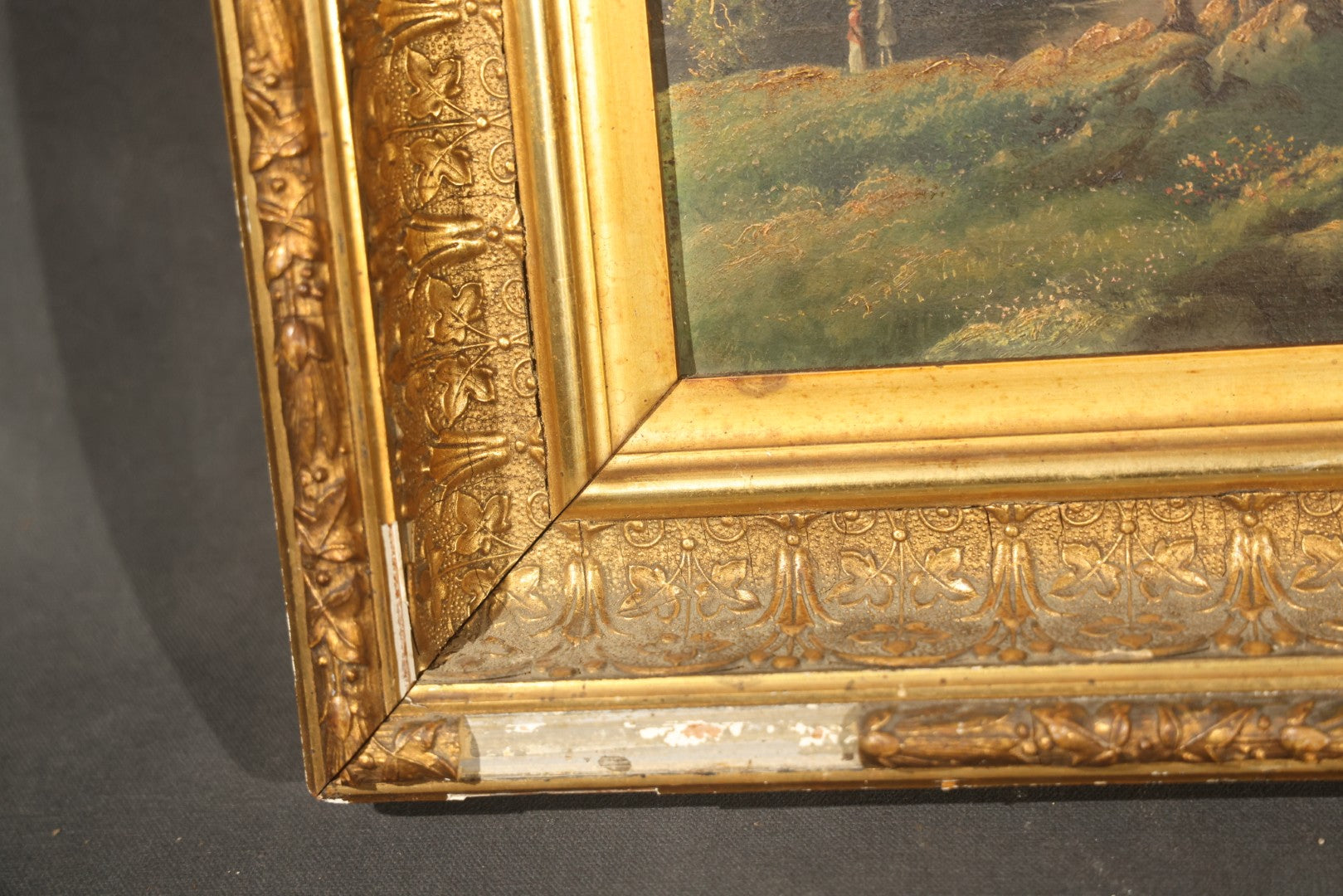Antique Oil Painting on Board, Mountain Landscape with Figures, in Gilt Frame