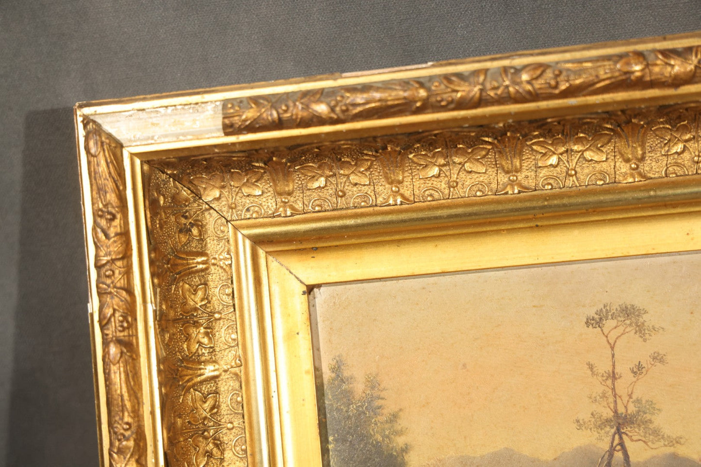 Antique Oil Painting on Board, Mountain Landscape with Figures, in Gilt Frame