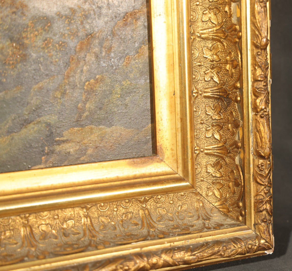 Antique Oil Painting on Board, Mountain Landscape with Figures, in Gilt Frame