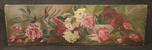Antique Oil Painting on Canvas, Still Life of Pink, Red, Yellow, and White Roses in Panoramic Format