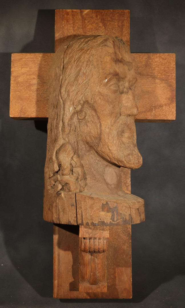 Vintage Folk Art Hand-Carved Wood Cross with Profile Bust of Christ