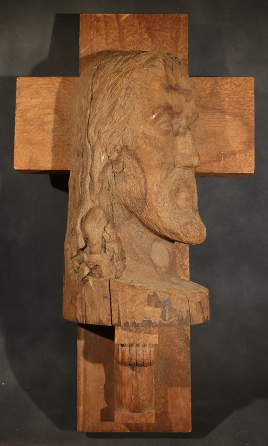 Vintage Folk Art Hand-Carved Wood Cross with Profile Bust of Christ