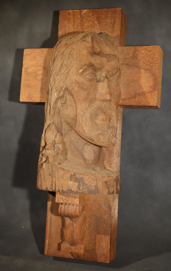 Vintage Folk Art Hand-Carved Wood Cross with Profile Bust of Christ