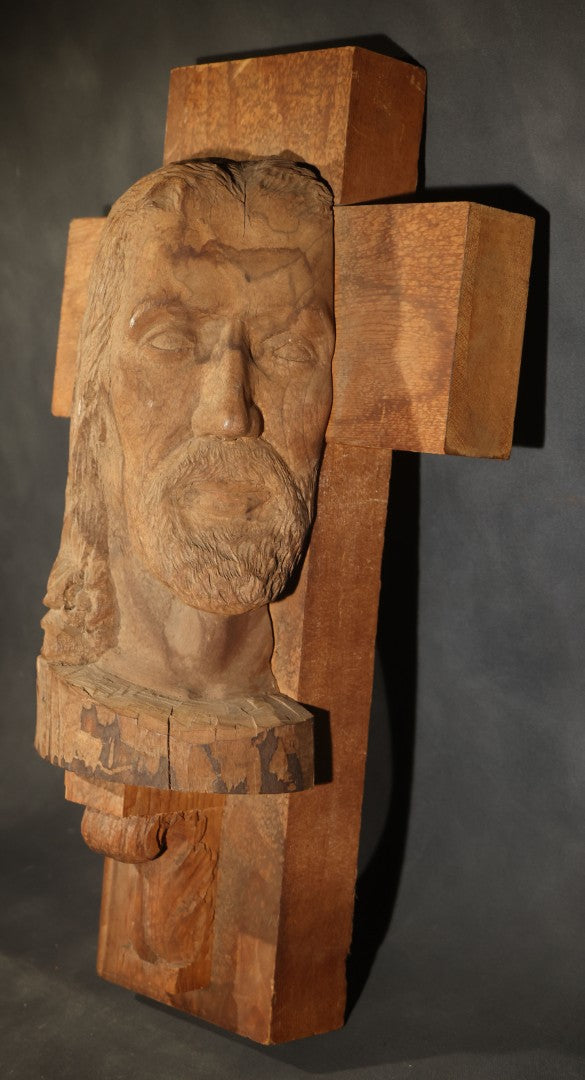 Vintage Folk Art Hand-Carved Wood Cross with Profile Bust of Christ